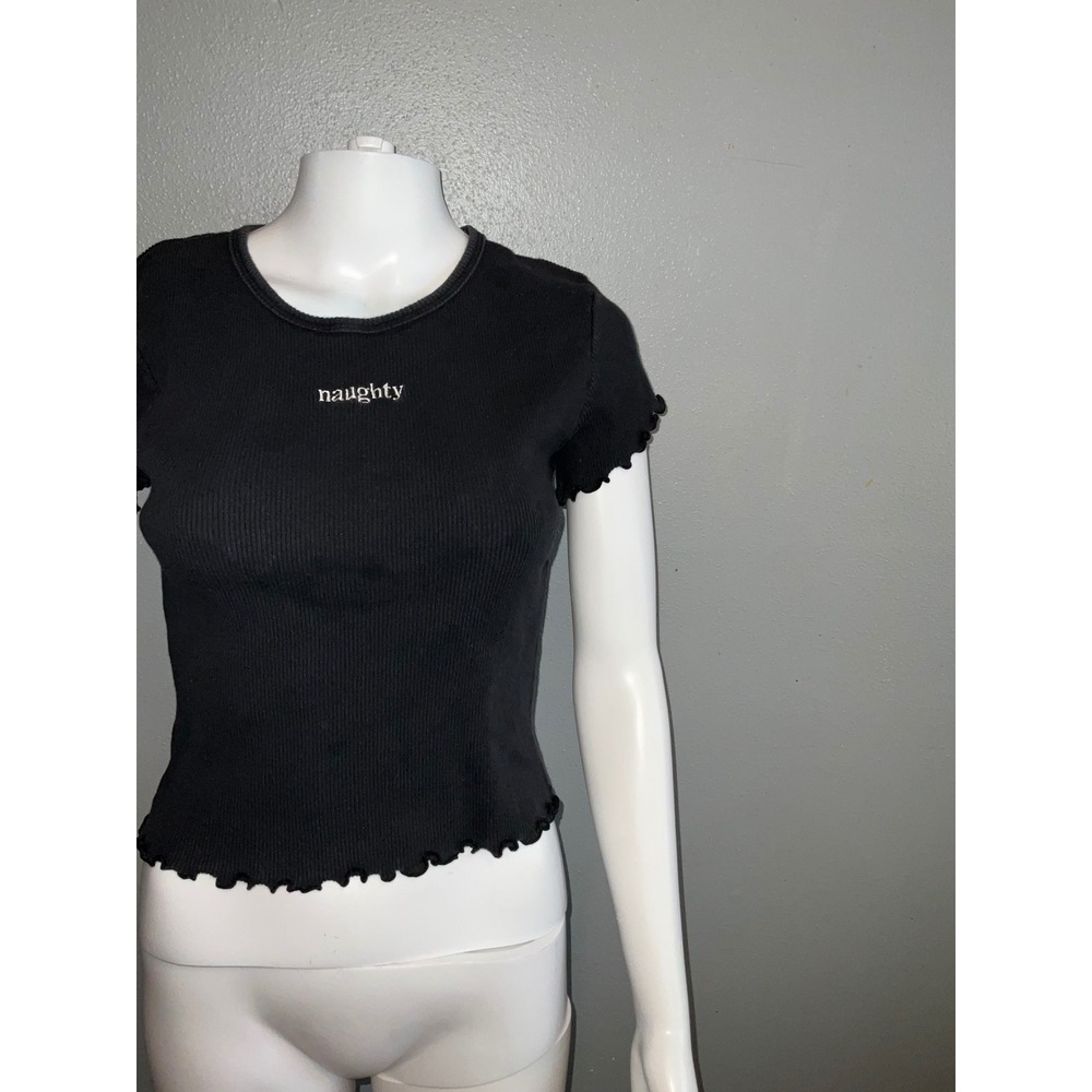 Y2K Ribbed Cropped Tee "Naughty" Embroidered Lettuce Hem Baby Tee Large